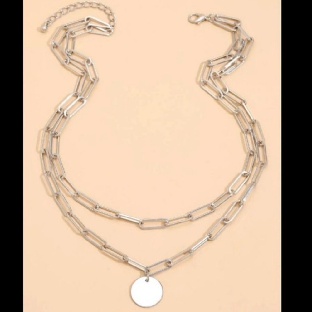 Paperclip Chain Link Coin Pendant Silver Necklace - Picture 2 of 3